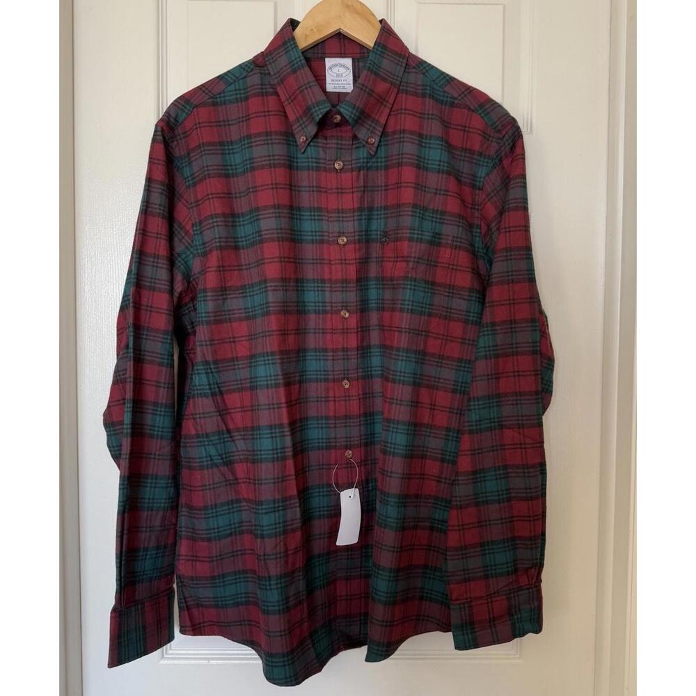 Brooks Brothers Mens Large Brushed Twill Red/Green Plaid Button Down Dress Shirt
